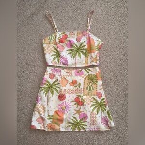 Women’s Two Piece Skirt Set - beachy/tropical print in pink/green/orange